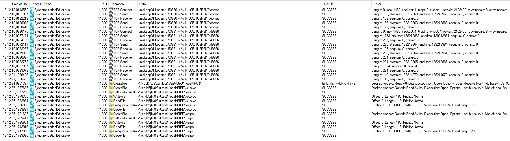 Time of Day 1 1 21 43550 1 82213 1 1 21 8841 0 1 1 21 75 1 1 210.0257174 1 1 21 80 1 1210.0272111 1 1 210.02722S7 1 1 210.027S80S 1 1 210.02800S7 1 1 210,0382753 1 1 210.03S2S57 1 1 210.03S307S 1 387 735441 735854 1 783080 Process Name SynchronizationE ditOL exe SynchronizationE ditOL exe SynchronizationE ditOL exe SynchronizationE ditOL exe SynchronizationE ditOL exe SynchronizationE ditOL exe SynchronizationE ditOL exe SynchronizationE ditOL exe SynchronizationE ditOL exe SynchronizationE ditOL exe SynchronizationE ditOL exe SynchronizationE ditOL exe SynchronizationE ditOL exe SynchronizationE ditOL exe SynchronizationE ditOL exe SynchronizationE ditOL exe SynchronizationE ditOL exe SynchronizationE ditOL exe SynchronizationE ditOL exe SynchronizationE ditOL exe SynchronizationE ditOL exe SynchronizationE ditOL exe SynchronizationE ditOL exe SynchronizationE ditOL exe SynchronizationE ditOL exe SynchronizationE ditOL exe SynchronizationE ditOL exe SynchronizationE ditOL exe SynchronizationE ditOL exe SynchronizationE ditOL exe Operation TCP Connect TCP Send TCP Receive TCP Send TCP Receive TCP Connect TCP Send TCP Receive TCP Send TCP Receive TCP Send TCP Receive TCP Send TCP Receive TCP Receive TCP Send TCP Receive CreateFiIe CreateFiIe rumskapp31 open ru: 53880 rumskapp31 open ru: 53880 rumskapp31 open ru: 53880 rumskapp31 open ru: 53880 rumskapp31 open ru: 53880 rumskapp31 open ru: 53881 rumskapp31 open ru: 53881 rumskapp31 open ru: 53881 rumskapp31 open ru: 53881 rumskapp31 open ru: 53881 rumskapp31 open ru: 53881 rumskapp31 open ru: 53881 rumskapp31 open ru: 53881 rumskapp31 open ru: 53881 rumskapp31 open ru: 53881 rumskapp31 open ru: 53881 rumskapp31 open ru: 53881 WIN-LC5J1 WIN-LC5J1 WIN-LC5J1 WIN-LC5J1 WIN-LC5J1 WIN-LC5J1 WIN-LC5J1 WIN-LC5J1 WIN-LC5J1 WIN-LC5J1 WIN-LC5J1 WIN-LC5J1 WIN-LC5J1 WIN-LC5J1 WIN-LC5J1 WIN-LC5J1 WIN-LC5J1 11300 11300 Result SUCCESS SUCCESS SUCCESS SUCCESS SUCCESS SUCCESS SUCCESS SUCCESS SUCCESS SUCCESS SUCCESS SUCCESS SUCCESS SUCCESS SUCCESS SUCCESS SUCCESS BAD NETWORK NAME SUCCESS SUCCESS SUCCESS SUCCESS SUCCESS SUCCESS SUCCESS SUCCESS SUCCESS SUCCESS SUCCESS SUCCESS Detail Length: Length: Length: Length: Length: Length: Length: Length: Length: Length: Length: Length: Length: Length: Length: Length: Length: O. mss: 1480. I SCI. startime: 108. seqnum: I SE. startime: 172. seqnum: O. mss: sackopt: I. tsopt: IJ usopt: I. rcvwin: 21 02400. rcvwinecele: 8. sad"irscale: endtime: seqnum: O. ccnnid: O IJ connid: O endtime: O. ccnnid: O IJ connid: O sackopt: I. tsopt: IJ usopt: I. rcvwin: 21 02400. cvwinecele: 8. sad"irscale: 1753. st3rtime: 13321 2883. endtime: 13821 2884. seqnum: IJ connid: O 285. seqnum: IJ connid: O 2211 statime: 13821 2884. endtime: 13821 2884. szqnum: IJ ccnnid: O 105. seqnum: IJ connid: O 288. statime: 13821 2884. endtime: 13821 2884. szqnum: IJ ccnnid: O 204. seqnum: IJ connid: O 204. statime: 13821 2885. endtime: 13821 2885. szqnum: IJ ccnnid: O 1024. seqnum: IJ connid: O 284. seqnum: IJ connid: O 1 411 statime: 13821 4072. endtime: 13821 4072. szqnum: IJ ccnnid: O 1 411 seqnum: IJ connid: O KN"in-Ic5iI u8rSkÈ testl local\PIPE \wkssvc SetPipeInformaÈ KN"in-Ic5iI u8rSkÈ testl local\PIPE \wkssvc WriteFiIe ReadFiIe KN"in-Ic5iI u8rSkÈ testl local\PIPE \wkssvc KN"in-Ic5iI u8rSkÈ testl local\PIPE \wkssvc FileSystemControI KN"in-Ic5iI u8rSkÈ testl local\PIPE \wkssvc CloseFiIe CreateFiIe KN"in-Ic5iI u8rSkÈ testl local\PIPE \wkssvc KN"in-Ic5iI u8rSkÈ testl local\PIPE Klsarpc SetPipeInformaÈ KN"in-Ic5iI u8rSkÈ testl local\PIPE Klsarpc WriteFiIe ReadFiIe KN"in-Ic5iI u8rSkÈ testl local\PIPE Klsarpc KN"in-Ic5iI u8rSkÈ testl local\PIPE Klsarpc FileSystemControI KN"in-Ic5iI u8rSkÈ testl local\PIPE Klsarpc Desired Access: Read Attributes. Disposition: Ogen. Options: Open Relarse Point. Attribut±s: n'a. Desired Access: Generic Read/Write. Disposition: Open. Options: Attributes: n'a. Sharehlode: Offset: IJ Lengtk: ISO. Priority: Normal Offset: IJ Lengtk: 118. Priority: Normal Control: FSCTL PIPE_TRANSCEIVE. WriteLength: 1 024 R%dLength: 118 Desired Access: Generic Read/Write. Disposition: Open. Options: Attributes: n'a. Sharehlode: Offset: IJ Lengtk: ISO. Priority: Normal Offset: IJ Lengtk: 118. Priority: Normal Control: FSCTL PIPE_TRANSCEIVE. WriteLength: 1 024 R%dLength: 28 CloseFiIe KN"in-Ic5iI u8rSkÈ testl local\PIPE Klsarpc 